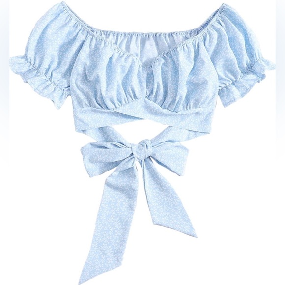 Tops - Women's Ruffle Short Sleeve Off Shoulder Tie Up Back Crop Blouse Top